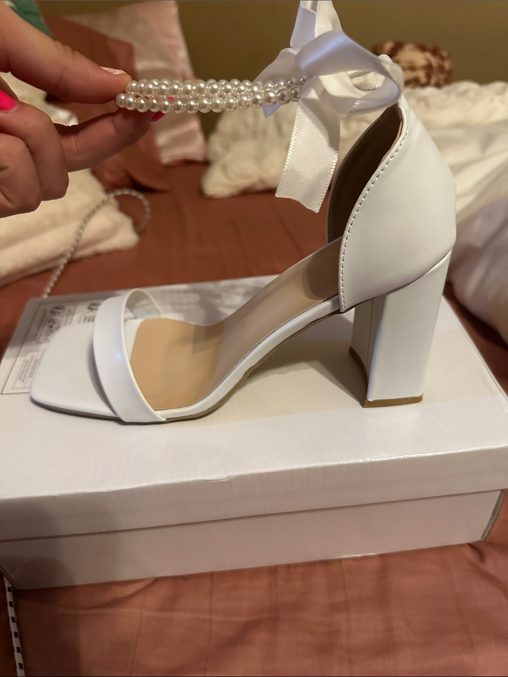 SHEIN White Pearl-Ankle Block Heel Sandals